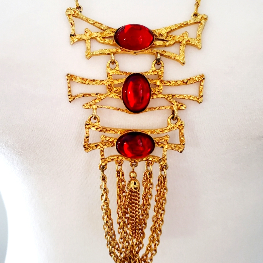 Triple Red Cabochon Stones & Gold Statement Necklace Long Drapey & Tassle Accent